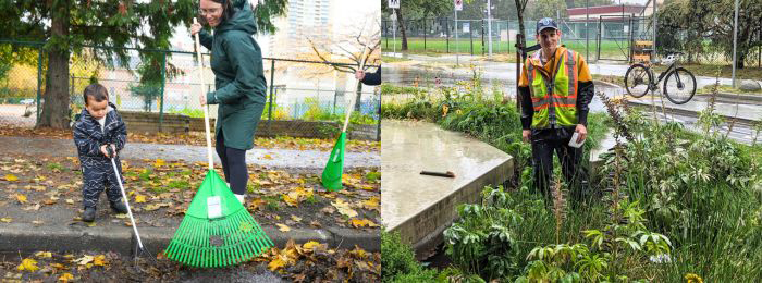 On the left: A photo of a toddler with a small trash picker tool and a parent with a rake, standing on the sidewalk to clear leaves in a catch basin. On the right: A photo of young man wearing a cap and reflective vest in a lush rain garden on a rainy day.